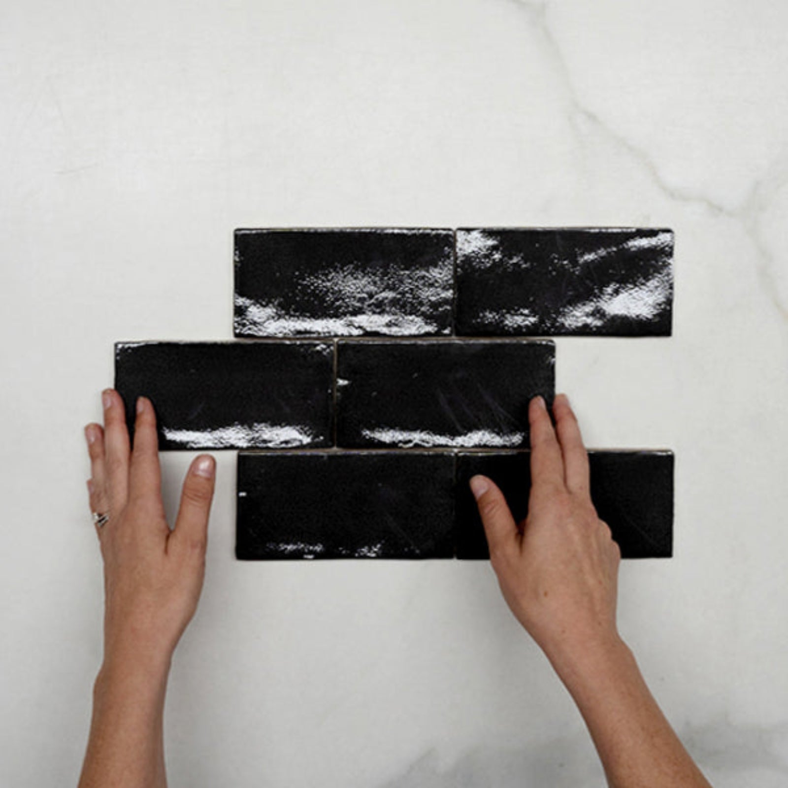 Pattern With Hand Charcoal Dianna Hand Made Subway Tile 75 x 150 x 9mm Spanish Ceramic  - The Blue Space