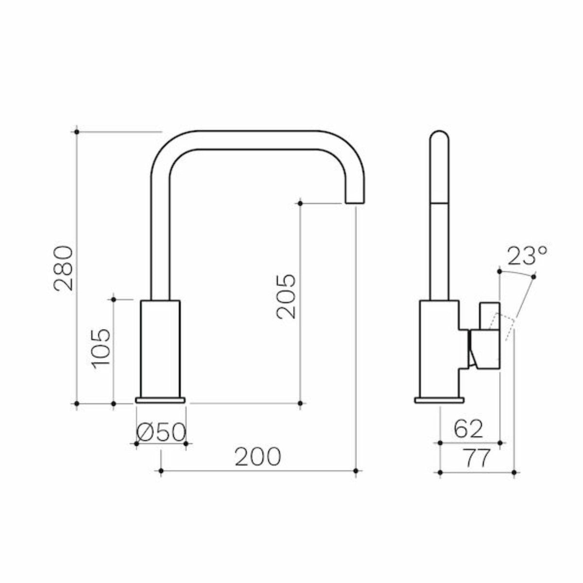 Technical Drawing Clark Round Blade Sink Mixer - Matte Black CL10017.B4AF - The Blue Space