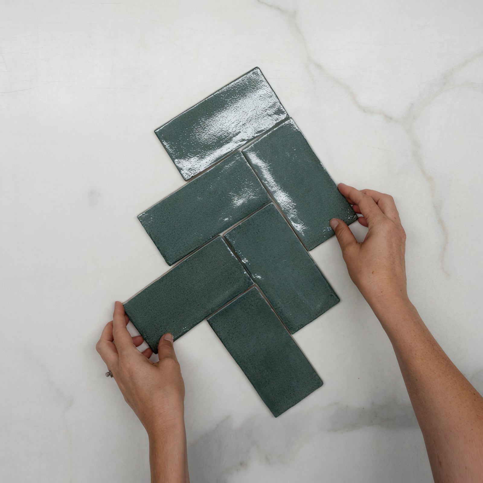 Fishbone With Hand Dark Green Dianna Hand Made Subway Tile 75 x 150 x 9mm Spanish Ceramic  - The Blue Space