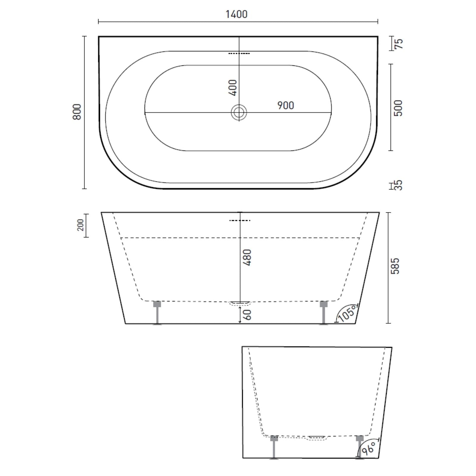 Technical Drawing Decina Alegra 1400 Back-To-Wall Freestanding Bath with Integrated Overflow AG1400WIO - The Blue Space