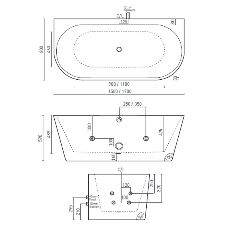 Decina Alegra Contour Back-To-Wall Freestanding Spa Bath 1700mm with White Jets