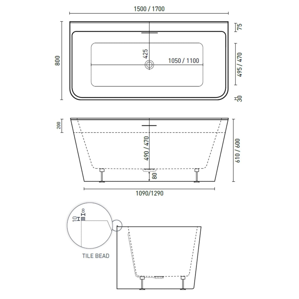 Decina Aria 1500 Back-To-Wall Freestanding Bath with Integrated Overflow
