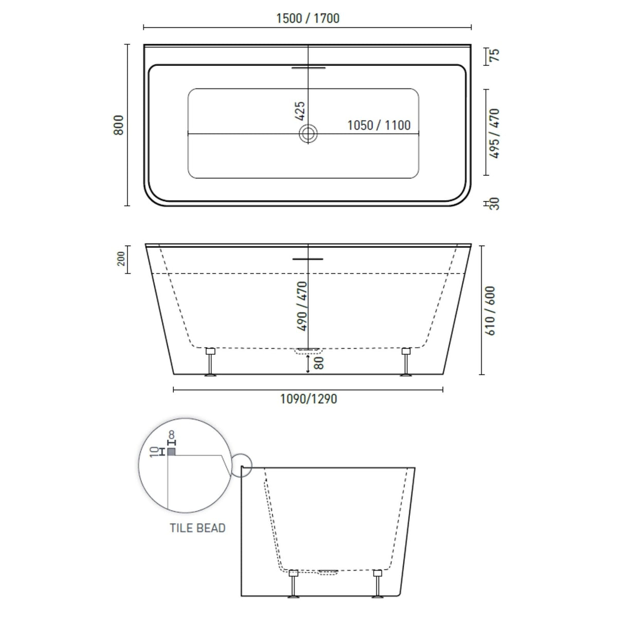 Technical Drawing Decina Aria 1500 Back-To-Wall Freestanding Bath with Integrated Overflow AR1500WIO - The Blue Space