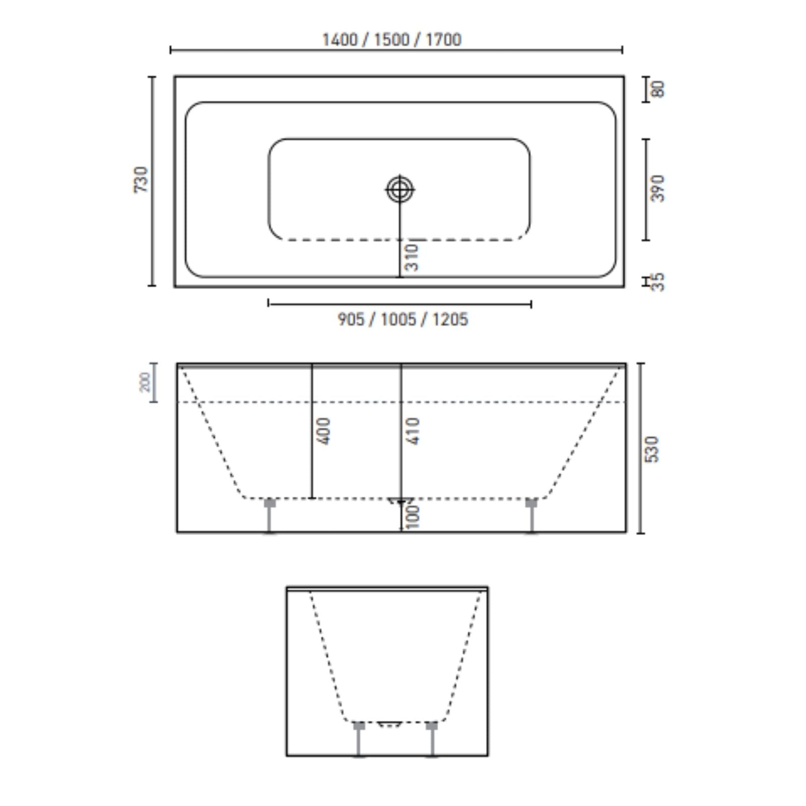 Technical Drawing Decina Bianco Back-to-Wall / Corner Freestanding Bath 1500mm BI1500W - The Blue Space