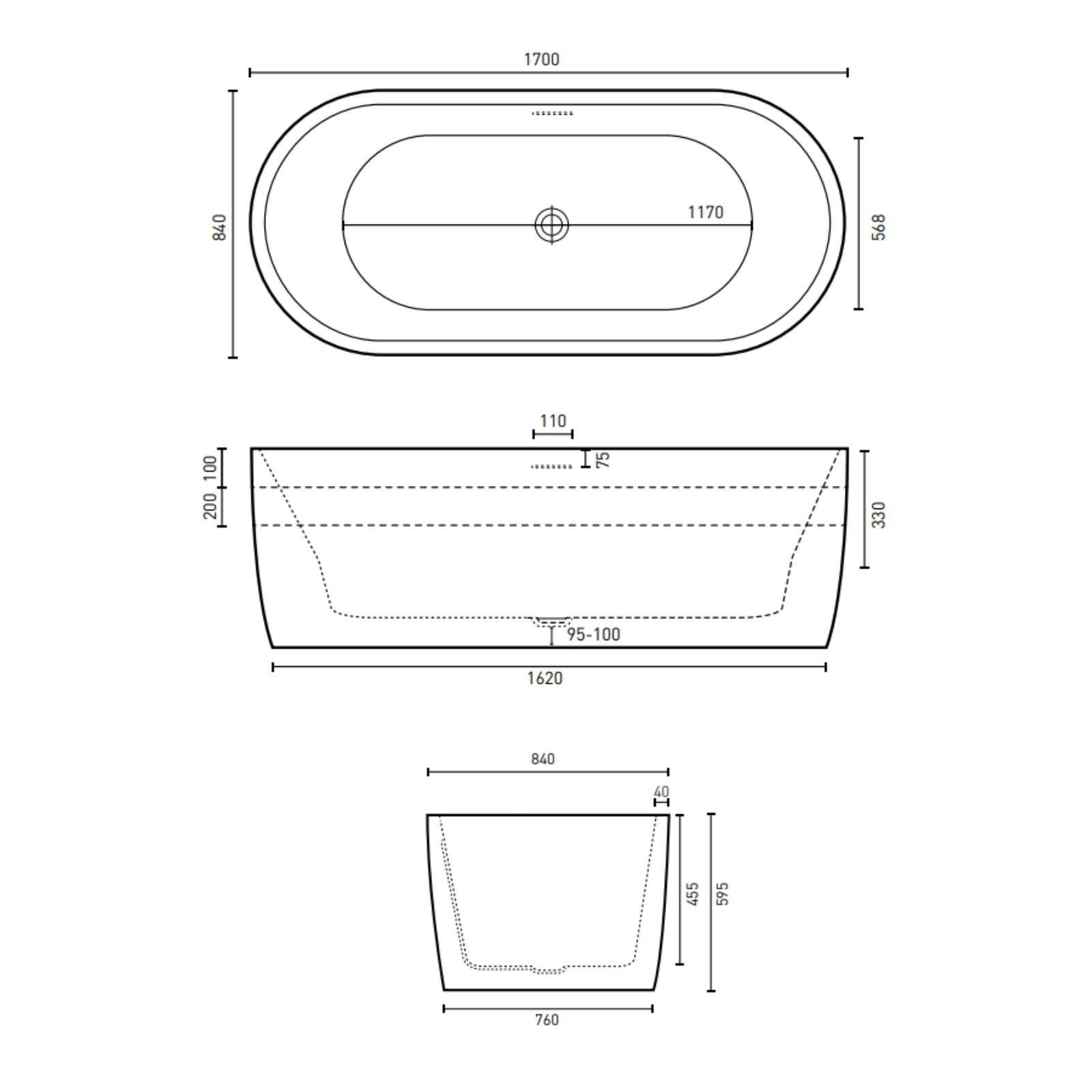 Technical Drawing Decina Elisi 1700 Freestanding Bath with Integrated Overflow EI1700WIO - The Blue Space
