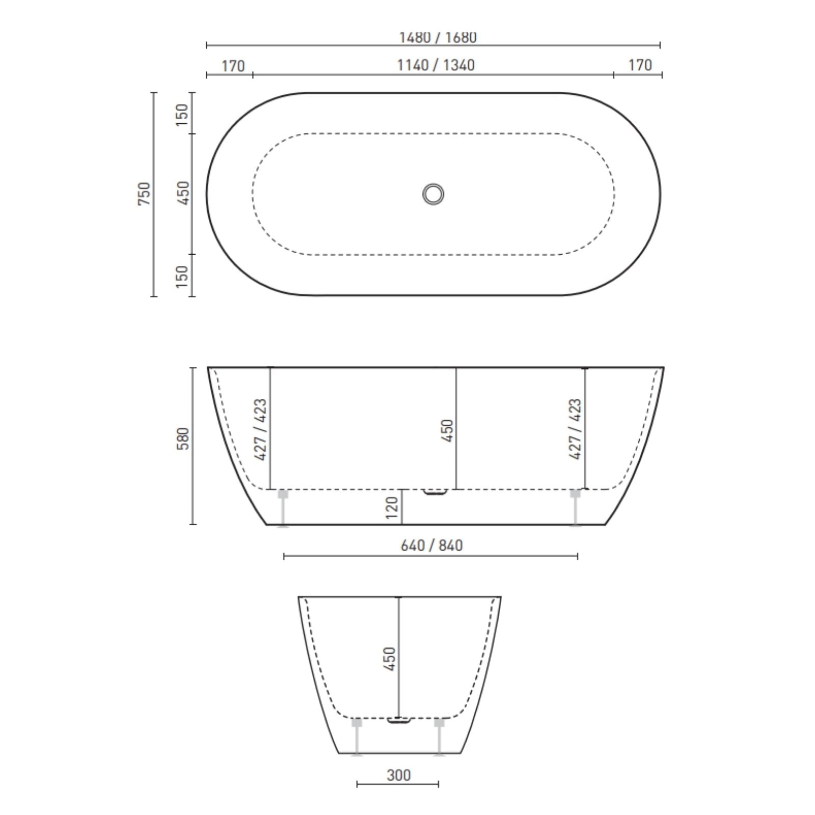 Technical Drawing Decina Novara 1680 Freestanding Bath NO1680W - The Blue Space