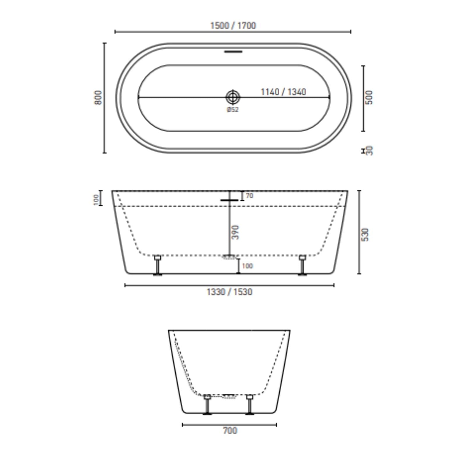 Technical Drawing Decina Prezzo 1500 Freestanding Bath PR1500W - The Blue Space