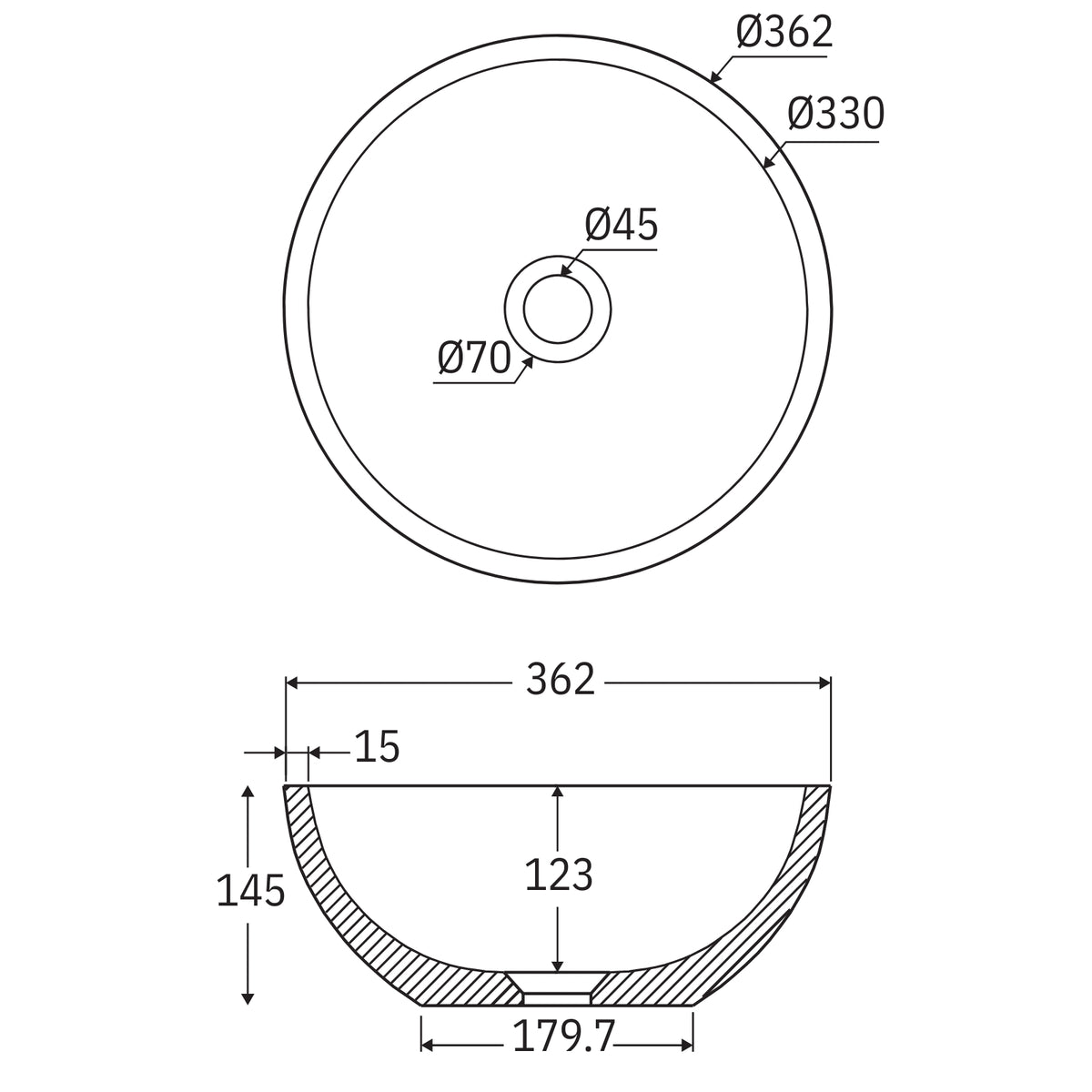Technical Drawing Fienza Alba Round Concrete Above Counter Basin - Mulberry RB074MU