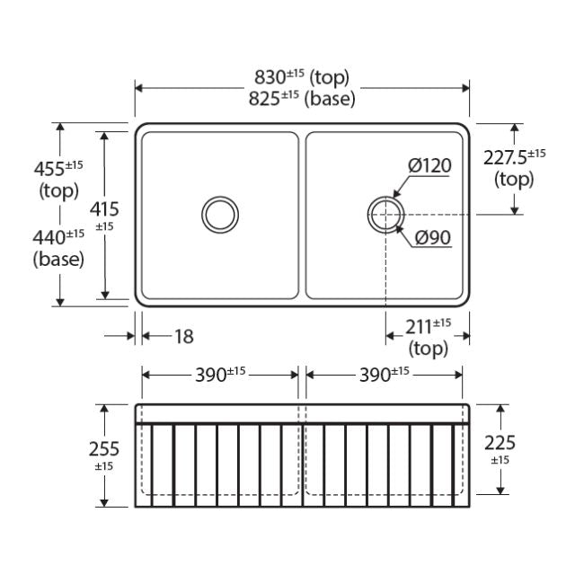Technical Drawing Fienza Benson Butler Sink Double 828 Reversible Fluted & Flat Fire Clay Matte Black 828X452X255mm 68709 - The Blue Space