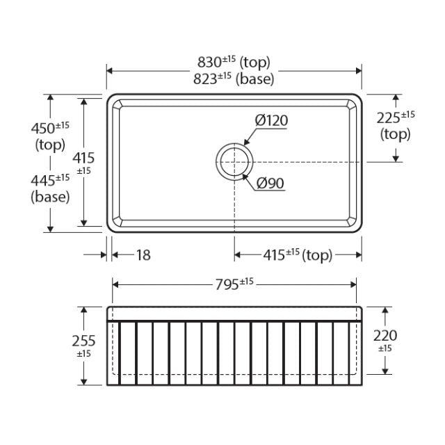 Technical Drawing Fienza Benson Butler Sink Large 828 Reversible Fluted & Flat Fire Clay Matte Black 828X452X254mm 68708 - The Blue Space