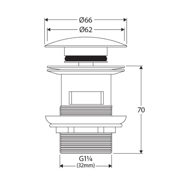 Technical Drawing Fienza Ceramic White Dome Basin Pop-Up Waste (32mm) WAS82 - The Blue Space