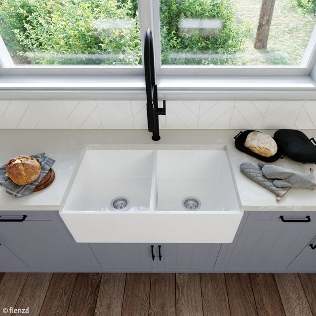 Lifestyle 3 Fienza Charlton Butler Sink Double Reversible Fluted & Flat 835mm Fire Clay Gloss White 68702 - The Blue Space