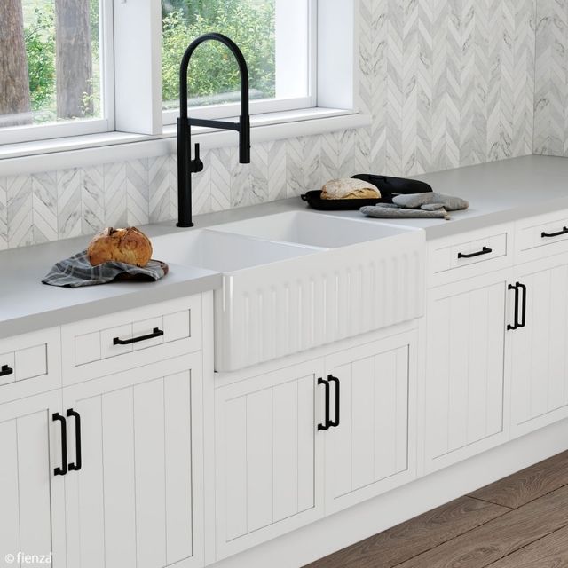 Lifestyle 4 Fienza Charlton Butler Sink Double Reversible Fluted & Flat 835mm Fire Clay Gloss White 68702 - The Blue Space