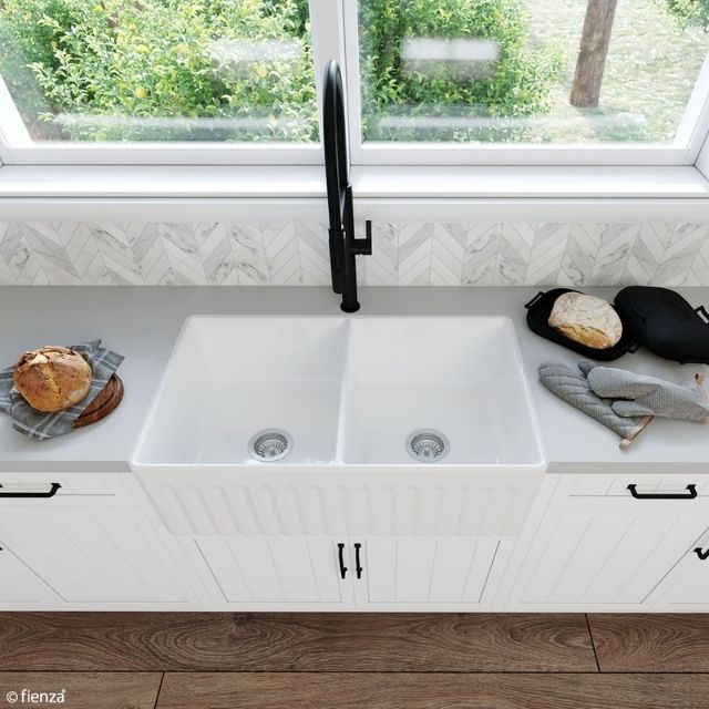Lifestyle 5 Fienza Charlton Butler Sink Double Reversible Fluted & Flat 835mm Fire Clay Gloss White 68702 - The Blue Space