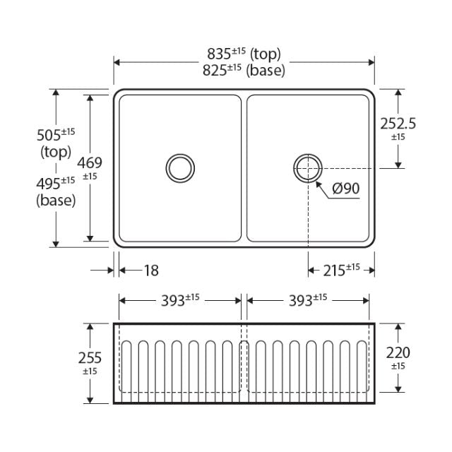 Technical Drawing Fienza Charlton Butler Sink Double Reversible Fluted & Flat 835mm Fire Clay Gloss White 68702 - The Blue Space