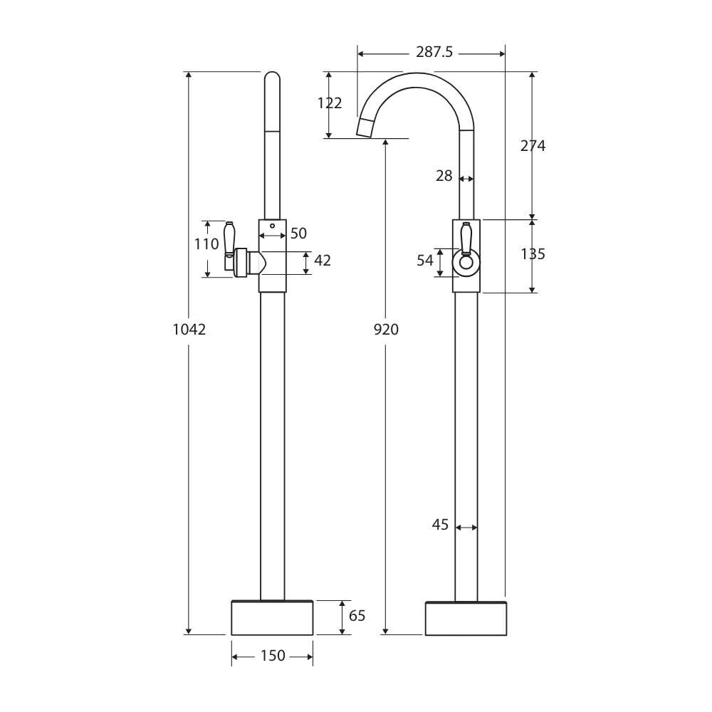 Technical Drawing Fienza Eleanor Floor Mounted Basin/Bath Mixer, Brushed Nickel / Ceramic 202112BN-LF - The Blue Space