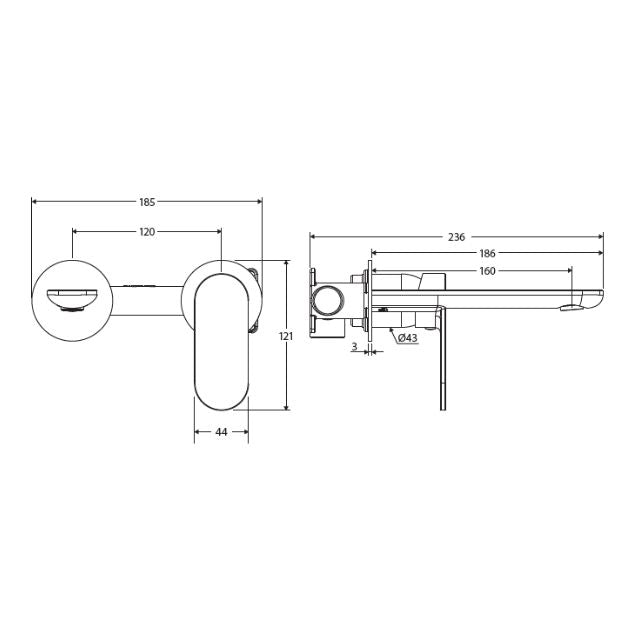 Technical Drawing Fienza Empire Slim Basin/Bath Wall Mixer Set Round Plates 160mm Urban Brass 234104UB-LF - The Blue Space