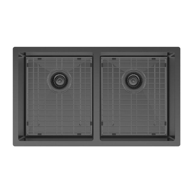 With Protector, Fienza Hana Double Bowl Sink 27L-27L Carbon Metal Includes Sink Protect Top/Undermount 760X450X200mm 68403CM - The Blue Space