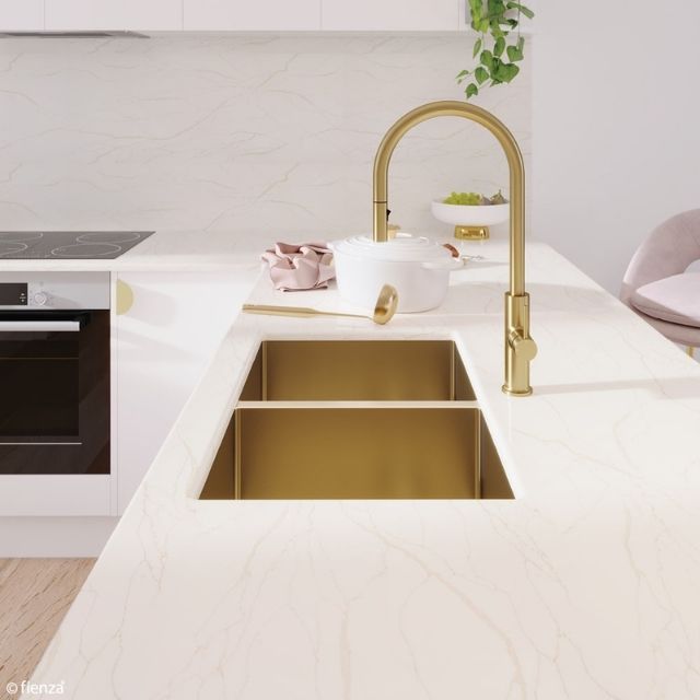 Buy Fienza Hana Double Bowl Sink 27L-27L Rugged Brass Includes Sink Protect Top/Undermount 760X450X200mm 68403RB - The Blue Space