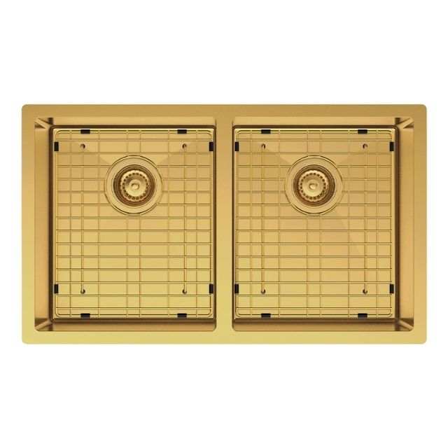 With Protector, Fienza Hana Double Bowl Sink 27L-27L Rugged Brass Includes Sink Protect Top/Undermount 760X450X200mm 68403RB - The Blue Space