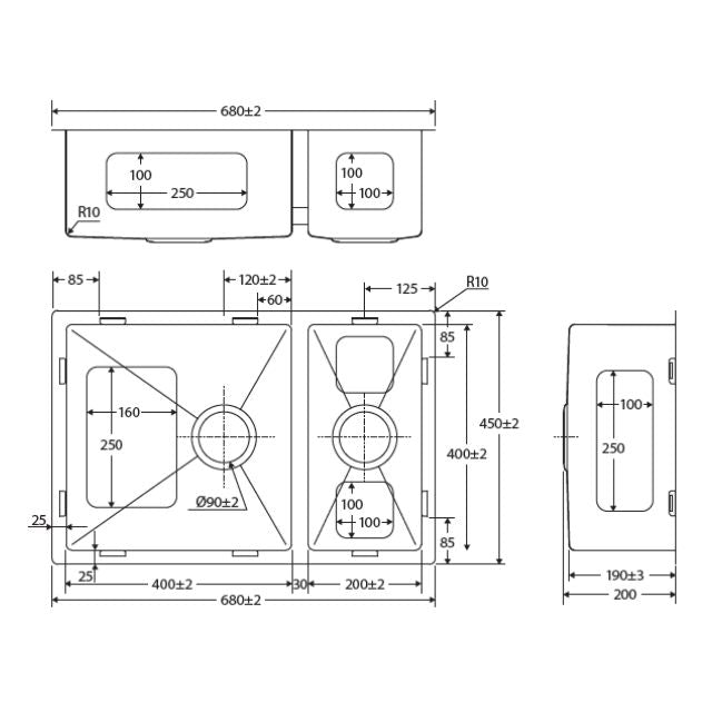 Technical Drawing Fienza Hana Double Bowl Sink 30L-15L Top/Undermount NTH Includes 2 Waste 10 Mount Clips 680X450X200mm 68407 - The Blue Space