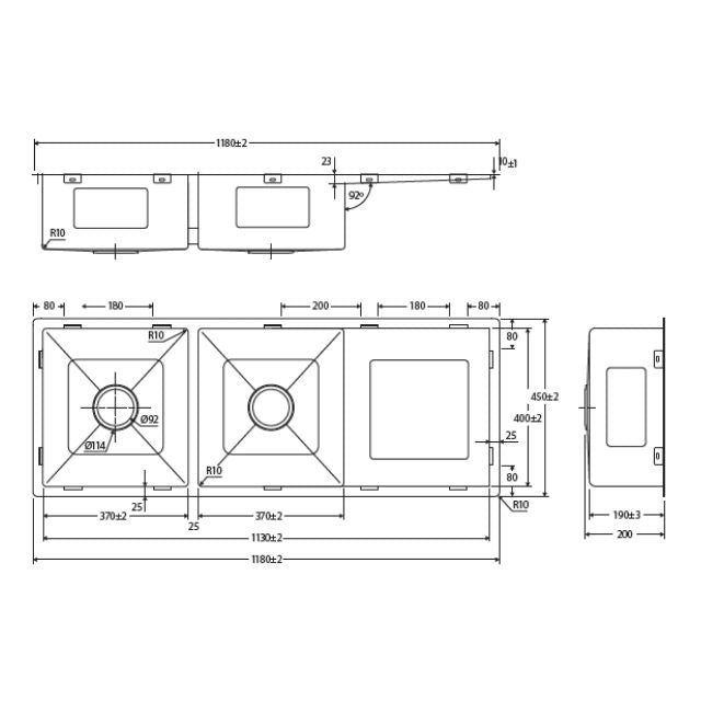 Technical Drawing Fienza Hana Double Bowl Sink With Drainer 29L-29L Top/Undermount NTH 1180X450X200mm (14 Clips) 68408 - The Blue Space