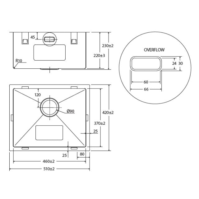 Technical Drawing Fienza Hana Laundry Sink 39L With Overflow Top/Undermount 510X420X230mm 68500 - The Blue Space