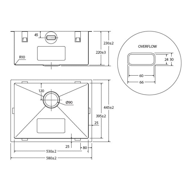 Technical Drawing Fienza Hana Laundry Sink 50L With Overflow Top/Undermount 580X445X240mm 68501 - The Blue Space