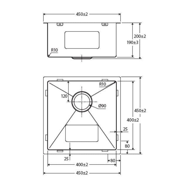 Technical Drawing Fienza Hana Single Bowl Sink 32L Rugged Brass Includes Sink Protect Top/Undermount 450X450X200mm 68401RB - The Blue Space