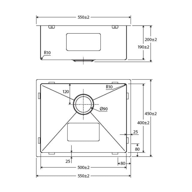 Technical Drawing Fienza Hana Single Bowl Sink 40L Anti Scratch 550X450X200mm 68402AS - The Blue Space