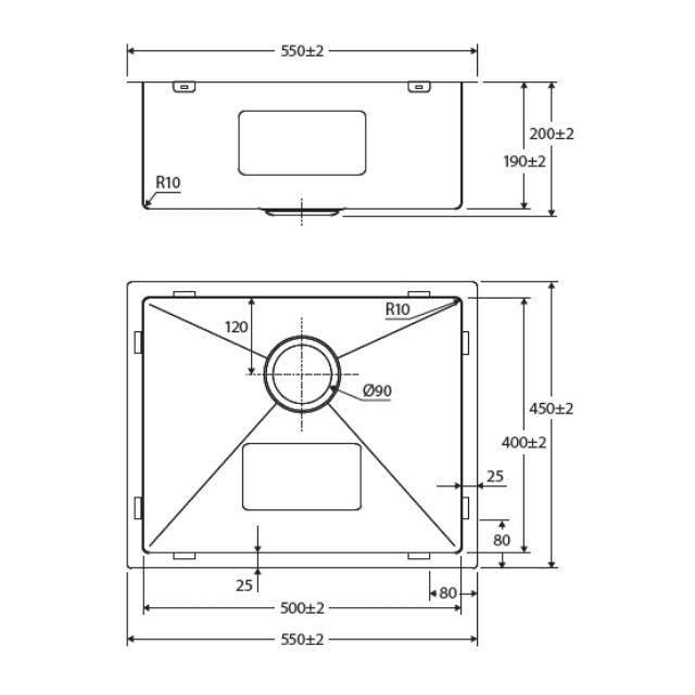 Technical Drawing Fienza Hana Single Bowl Sink 40L Top/Undermount 550X450X200mm 68402 - The Blue Space
