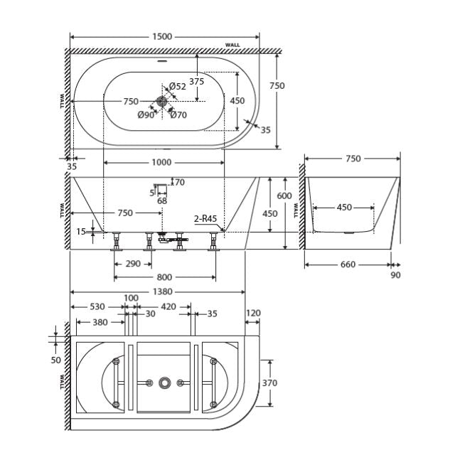 Technical Drawing Fienza Isabella Acrylic Corner Bath 1500 with Overflow Gloss White - Right Handed Corner - Right Handed Corner The Blue Space