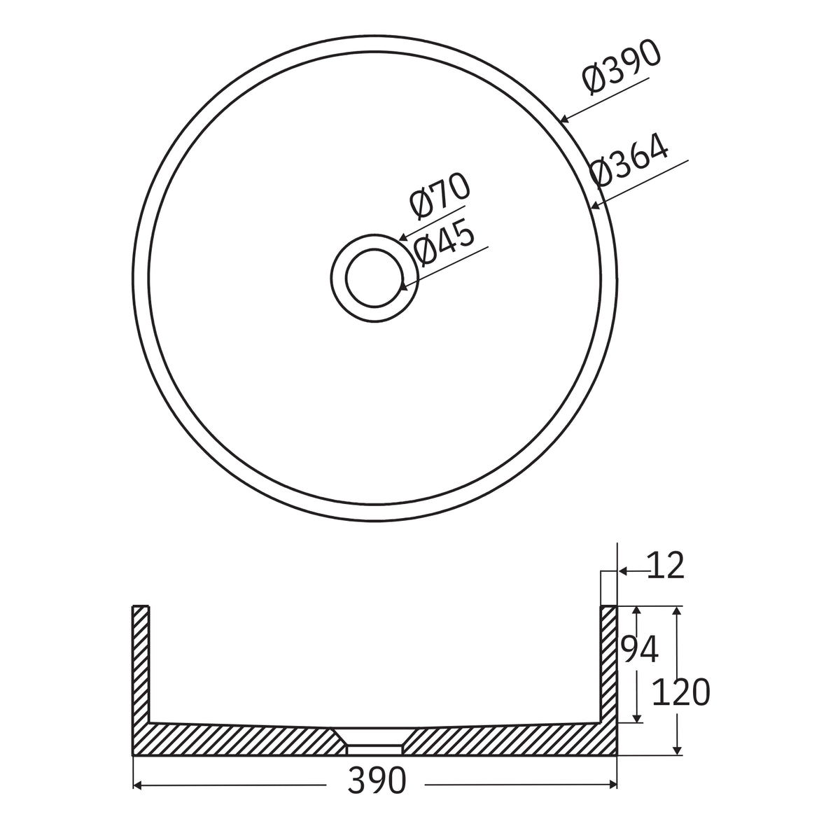 Technical Drawing Fienza Jada Round Concrete Above Counter Basin - Lunar Terrazzo RB199LT