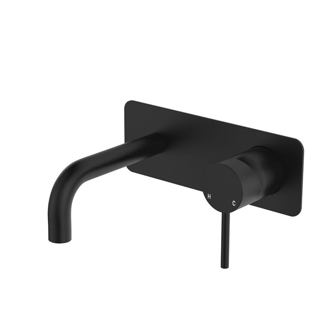 Fienza Kaya Basin/Bath Wall Mixer Set Rectangular Plate 130mm Outlet Matte Black 228106B-130-LF - The Blue Space