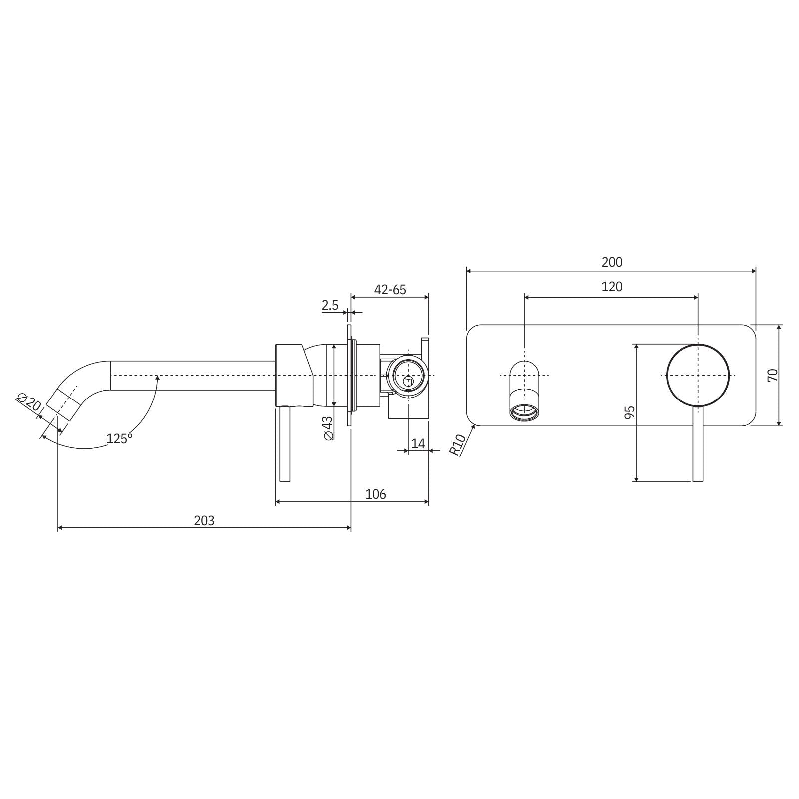 Technical Drawing Fienza Kaya Basin/Bath Wall Mixer Set Rectangular Plate 200mm Outlet Gun Metal 228106GM-200-LF - The Blue Space