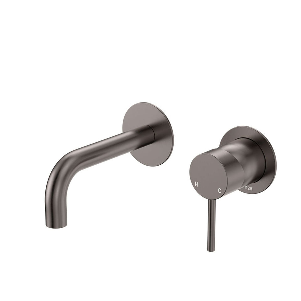 Fienza Kaya Basin/Bath Wall Mixer Set Round Plates 130mm Outlet Gun Metal