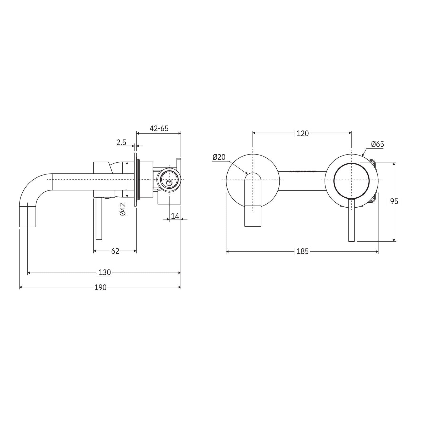 Technical Drawing Fienza Kaya Basin/Bath Wall Mixer Set Round Plates 130mm Outlet Matte White 228104MW-130-LF - The Blue Space