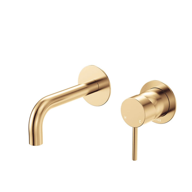 Fienza Kaya Basin/Bath Wall Mixer Set Round Plates 130mm Outlet Urban Brass