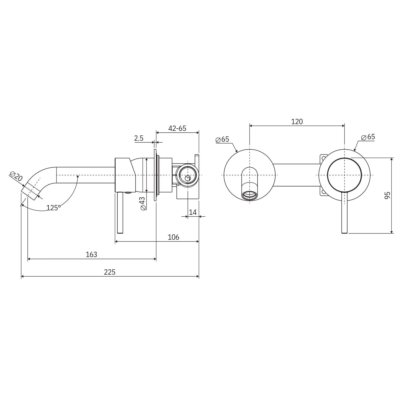 Technical Drawing Fienza Kaya Basin/Bath Wall Mixer Set Round Plates 160mm Outlet Brushed Nickel 228104BN-LF - The Blue Space