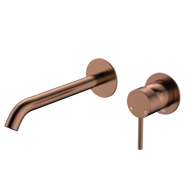Fienza Kaya Basin/Bath Wall Mixer Set Round Plates 200mm Outlet Brushed Copper 228104CO-200-LF - The Blue Space