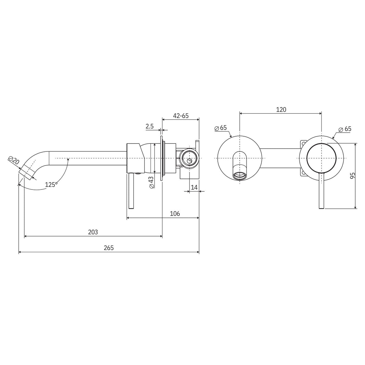 Technical Drawing Fienza Kaya Basin/Bath Wall Mixer Set Round Plates 200mm Outlet Brushed Copper 228104CO-200-LF - The Blue Space