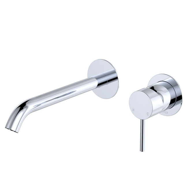 Fienza Kaya Basin/Bath Wall Mixer Set Round Plates 200mm Outlet Chrome 228104-200-LF - The Blue Space