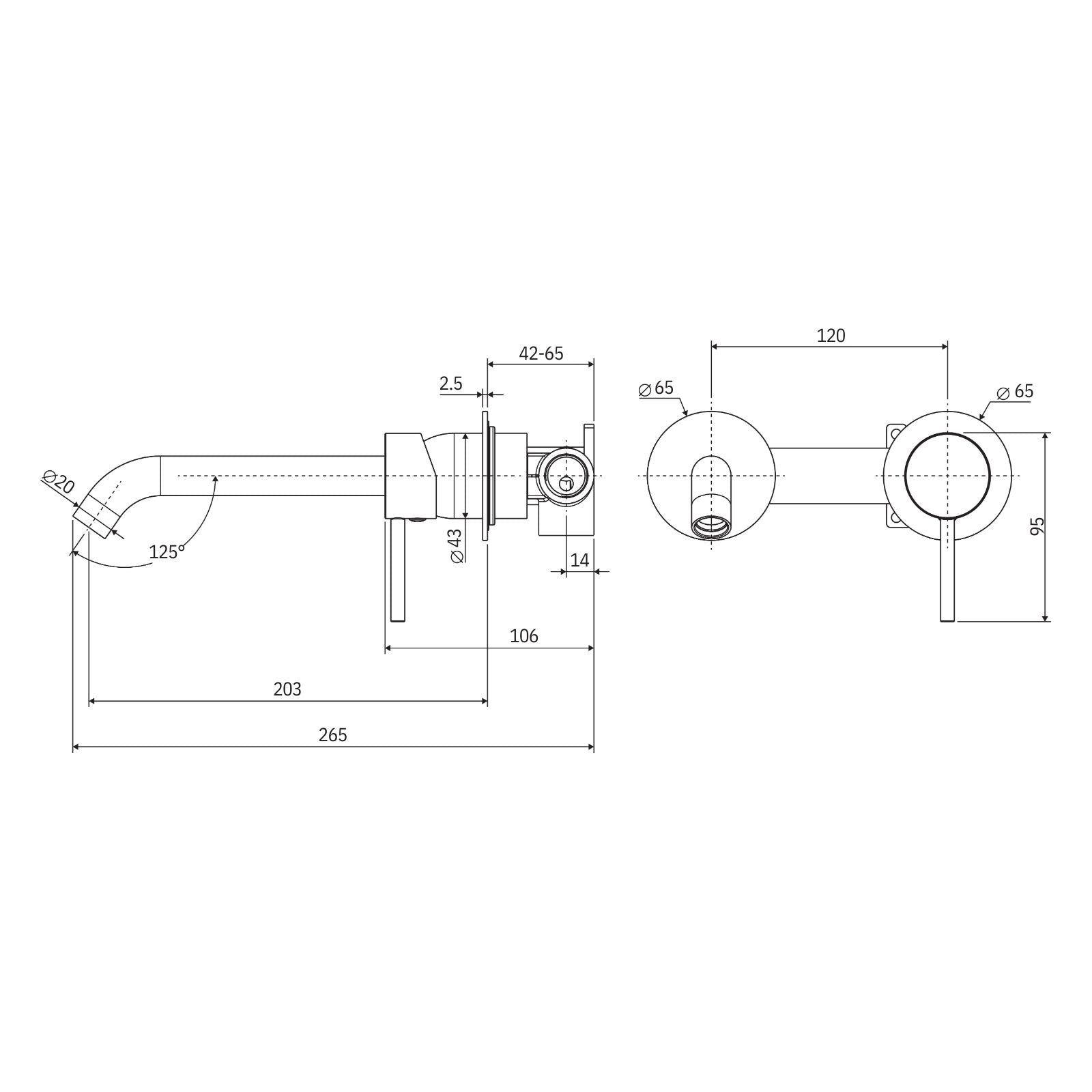 Technical Drawing Fienza Kaya Basin/Bath Wall Mixer Set Round Plates 200mm Outlet Chrome 228104-200-LF - The Blue Space