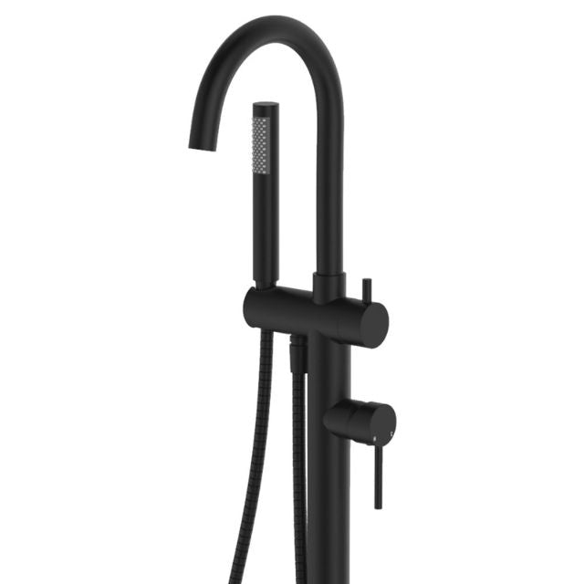 Close Fienza Kaya Floor Mounted Bath Mixer With Hand Shower Matte Black 213113B - The Blue Space