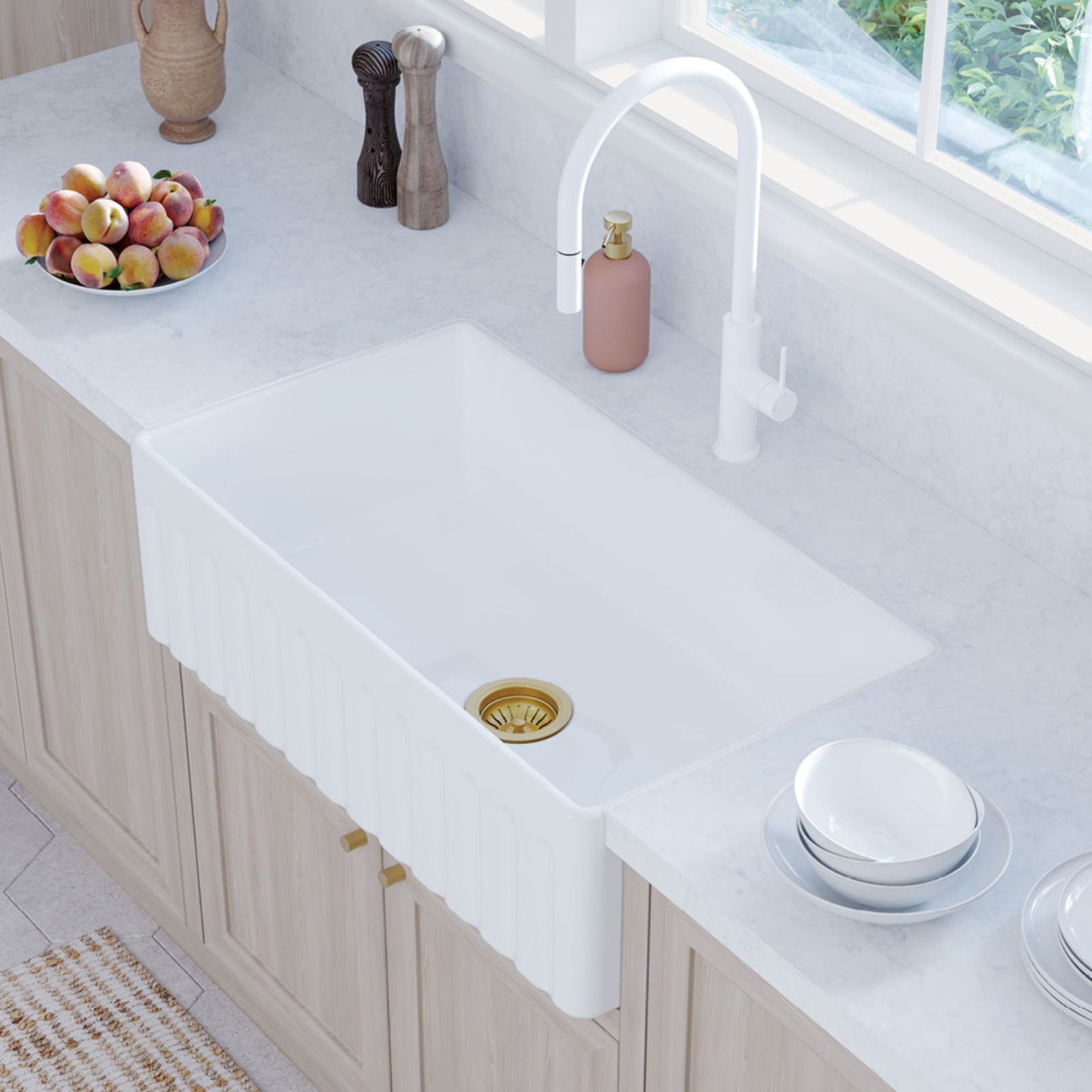 Lifestyle 3 Fienza Kaya Pull Out Sink Mixer Matte White 228108MW-LF - The Blue Space