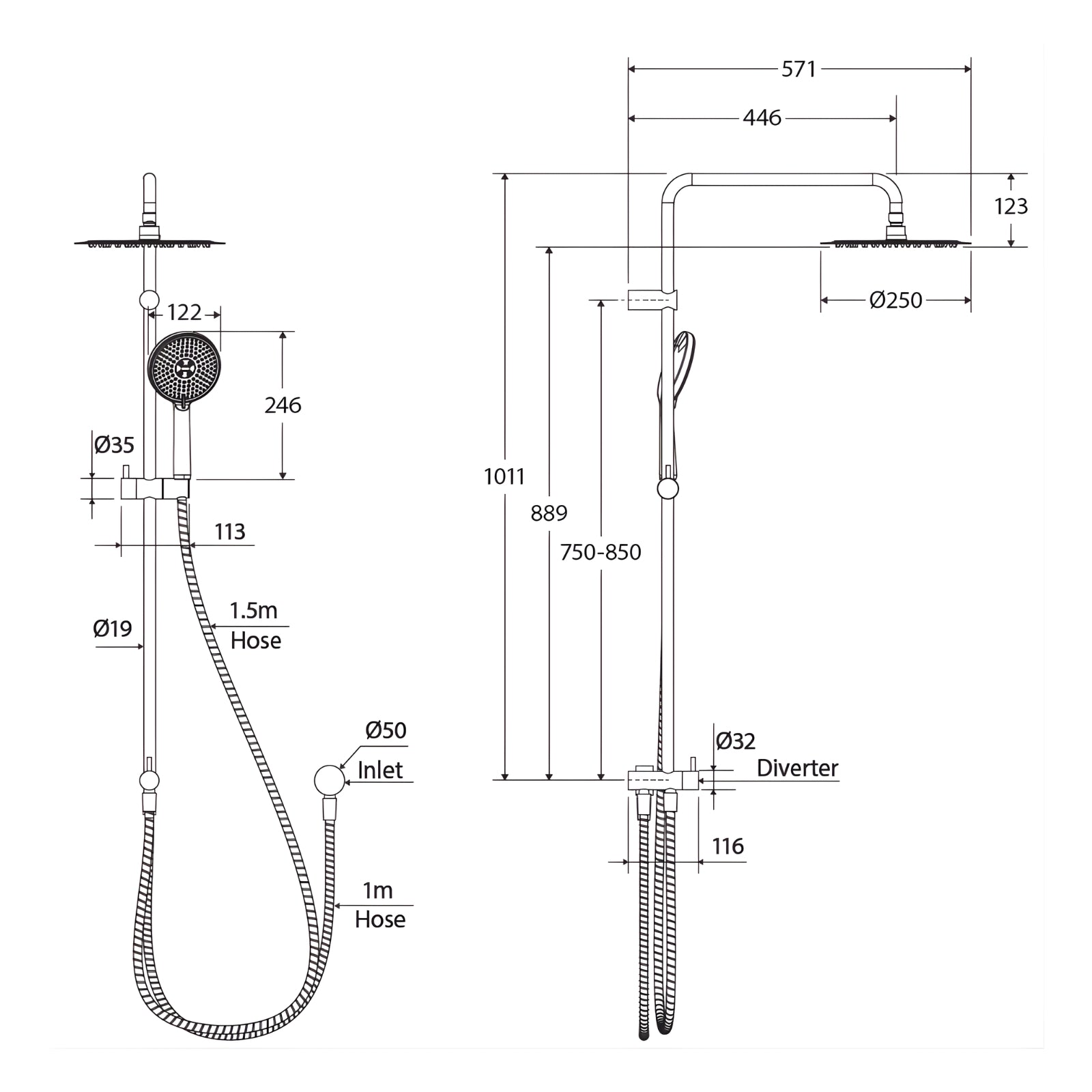 Technical Drawing Fienza Kaya Retrofit Twin Shower - Chrome 455101 - The Blue Space