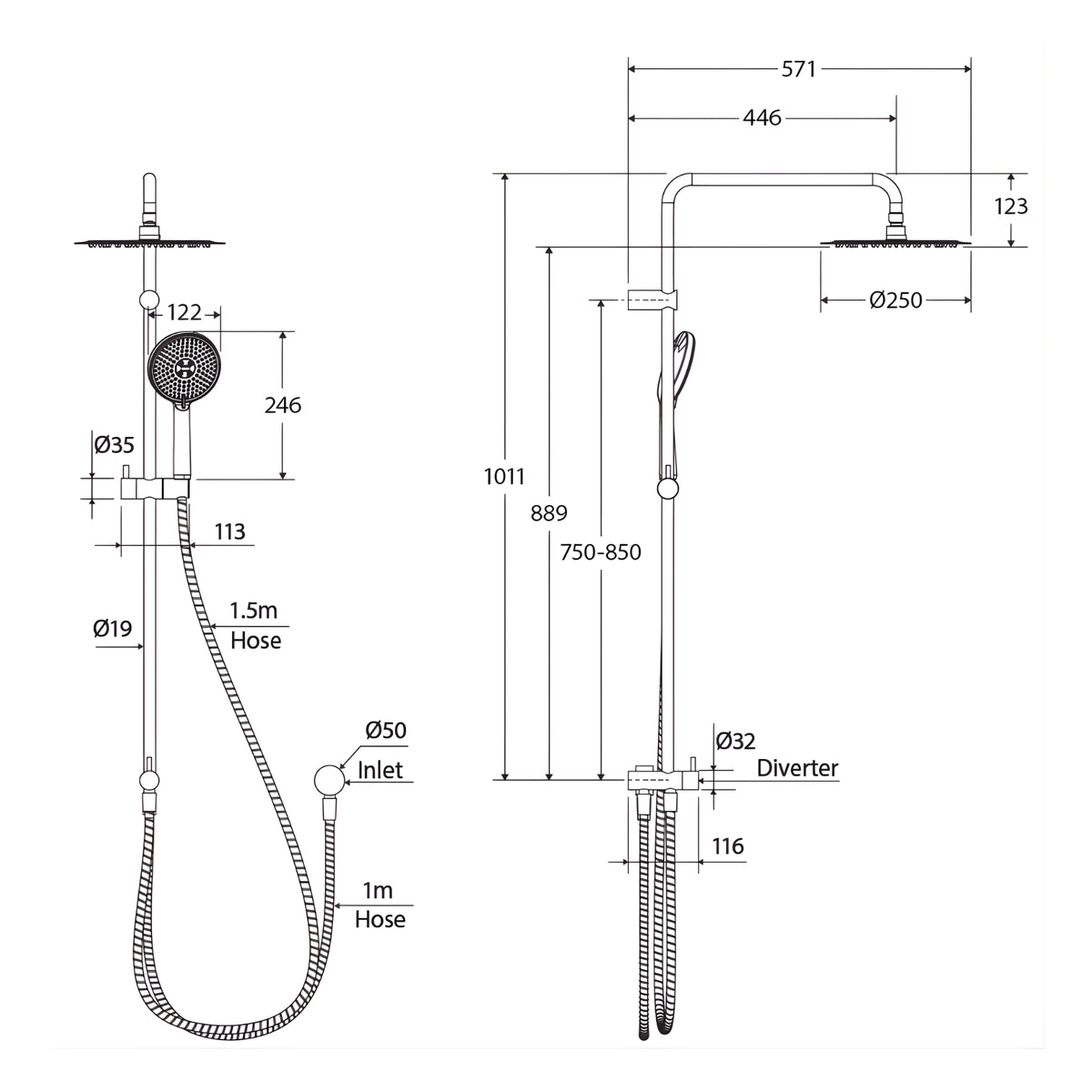 Technical Drawing Fienza Kaya Retrofit Twin Shower - Urban Brass 455101UB - The Blue Space