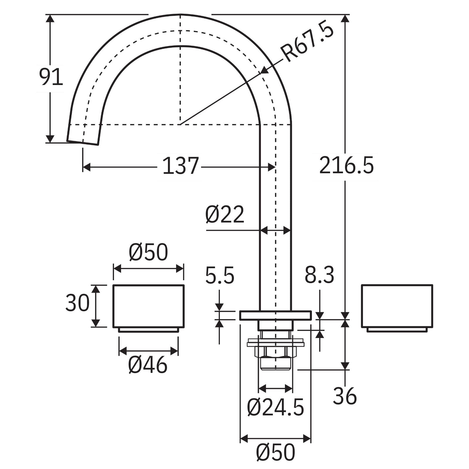 Technical Drawing Fienza Kaya Round Hob Set Round Taps Brushed Nickel 338101BN-LF - The Blue Space