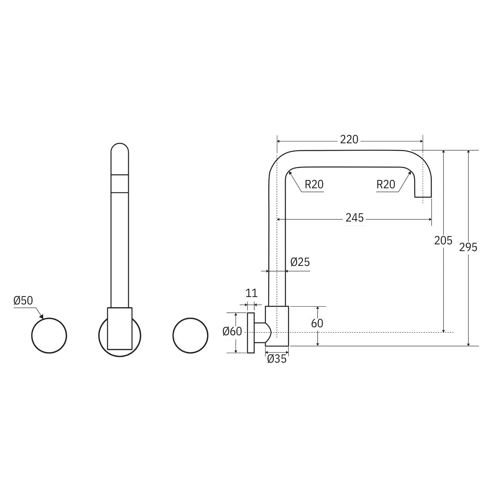 Technical Drawing Fienza Kaya Round Taps Squareline Wall Outlet Set Brushed Nickel 338105BN-LF - The Blue Space