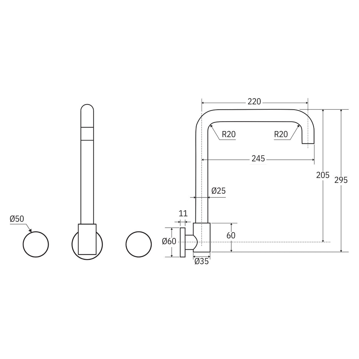 Technical Drawing Fienza Kaya Round Taps Squareline Wall Outlet Set Matte White 338105MW-LF - The Blue Space